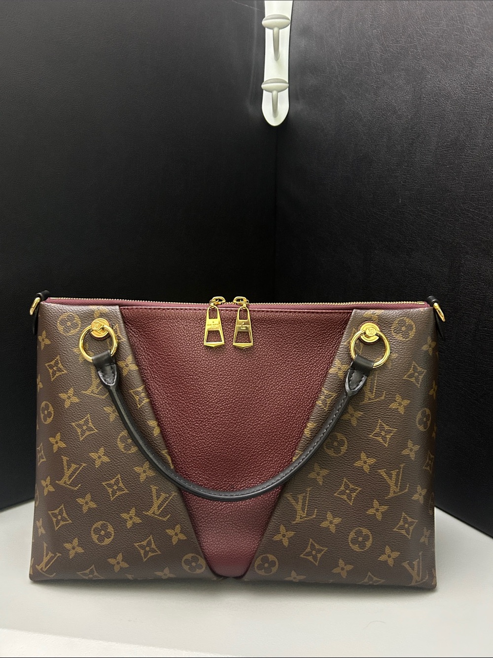 Louis Vuitton Brown Monogram & Burgundy Tote with Gold Hardware
